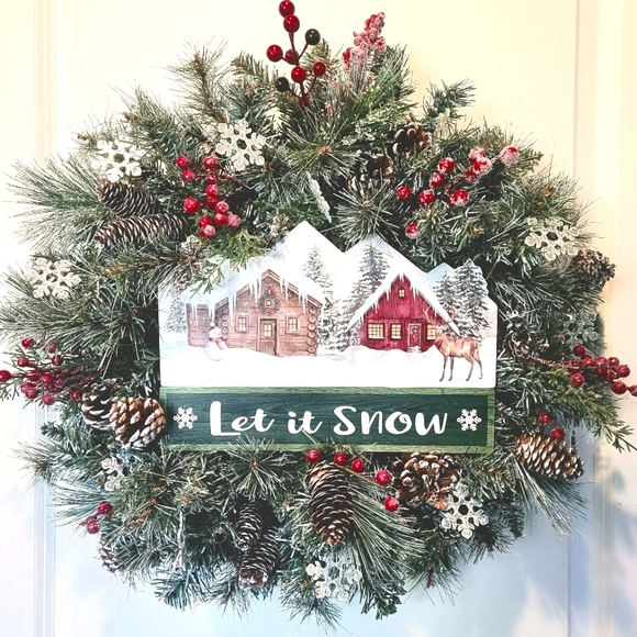 Winter Cabin Deer Wreath Let It Snow Pine Berries Winter - Picture 5 of 5